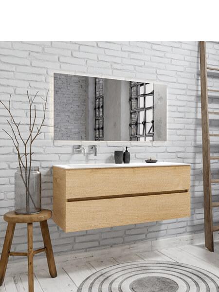 Mueble de baño 120 cm Wood roble natural con 2 cajones, lavabo de Solid surface seno izquierdo con 0 orificio(s) para el grifo. 25 Mueble de baño suspendido Vica 120 Wood roble natural 2 cajones en acabado Wood nogal mate. Un mueble de baño de apertura suave por uñero con encimera para grifo empotrado y seno izquierda.