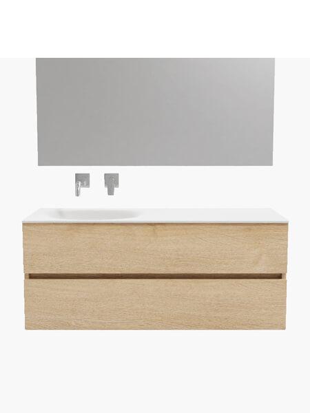 Mueble de baño 120 cm Wood roble natural con 2 cajones, lavabo de Solid surface seno izquierdo con 0 orificio(s) para el grifo. 28 Mueble de baño suspendido Vica 120 Wood roble natural 2 cajones en acabado Wood nogal mate. Un mueble de baño de apertura suave por uñero con encimera para grifo empotrado y seno izquierda.