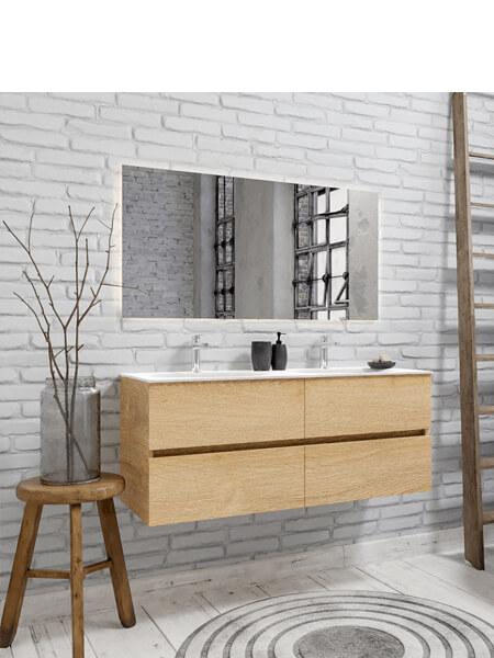 Mueble de baño 120 cm Wood roble natural con 4 cajones, lavabo de Solid surface seno doble con 2 orificio(s) para el grifo. 9 Mueble de baño suspendido Vica 120 roble natural 4 cajones. Un mueble de baño de apertura suave por uñero con encimera para grifo sobre encimera y seno doble