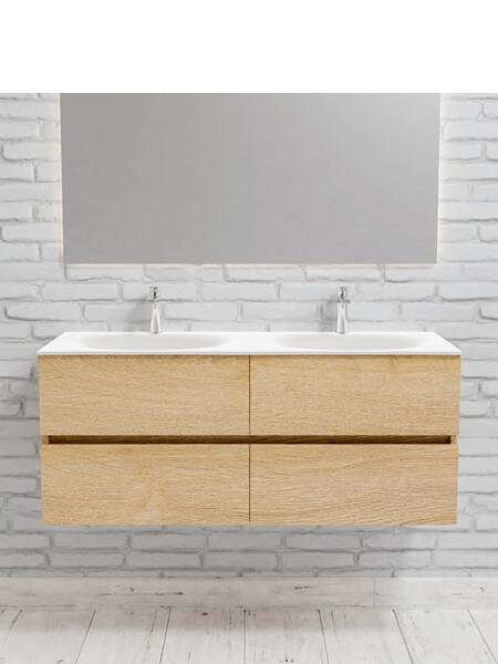 Mueble de baño 120 cm Wood roble natural con 4 cajones, lavabo de Solid surface seno doble con 2 orificio(s) para el grifo. 11 Mueble de baño suspendido Vica 120 roble natural 4 cajones. Un mueble de baño de apertura suave por uñero con encimera para grifo sobre encimera y seno doble