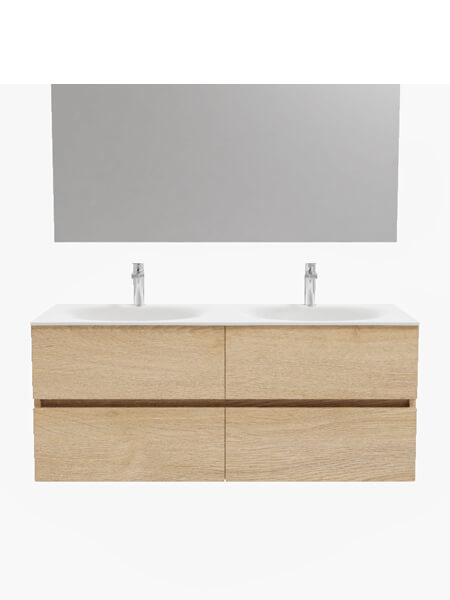 Mueble de baño 120 cm Wood roble natural con 4 cajones, lavabo de Solid surface seno doble con 2 orificio(s) para el grifo. 12 Mueble de baño suspendido Vica 120 roble natural 4 cajones. Un mueble de baño de apertura suave por uñero con encimera para grifo sobre encimera y seno doble
