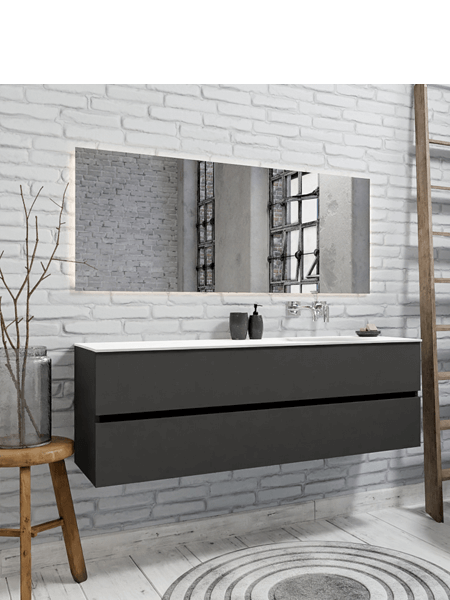Mueble de baño suspendido Vica 150 Antracita 2 cajones. Un mueble de baño de apertura suave por uñero con encimera seno derecho para grifo empotrado.