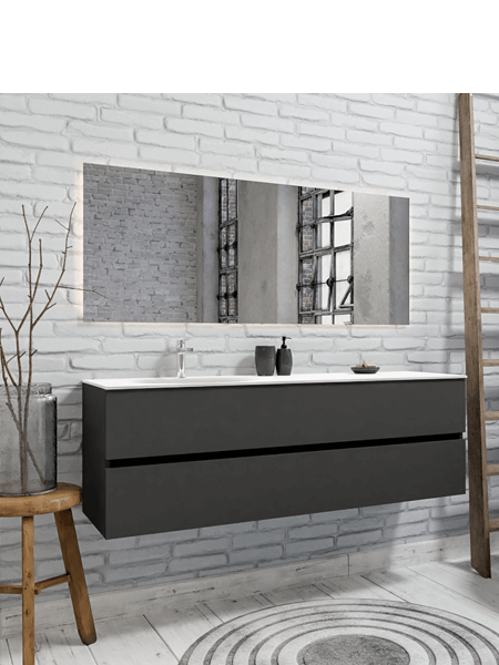 Mueble de baño suspendido Vica 150 Antracita 2 cajones en acabado Antracita. Un mueble de baño de seno izquierdo de apertura suave por uñero con encimera para grifo sobre encimera.