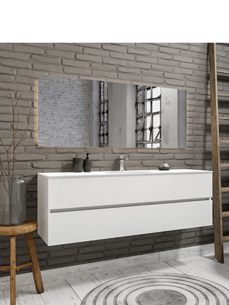 Mueble de baño suspendido Vica 150 white 2 cajones en acabado blanco mate. Un mueble de baño de apertura suave por uñero con encimera seno centrado c/orif.