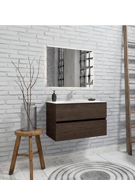 Mueble de baño suspendido Vica 80 Wood nogal 2 cajones en acabado Wood nogal mate. Un mueble de baño de apertura suave por uñero con encimera para grifo sobre encimera.