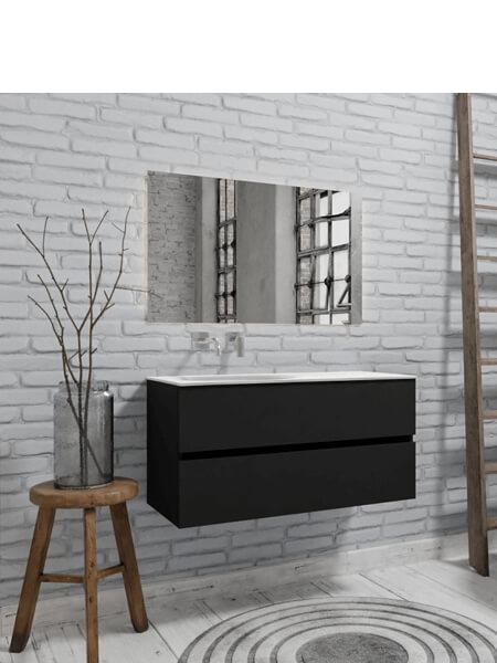 Mueble de baño 100 cm Vica negro mate con 2 cajones, lavabo de Solid surface seno izquierdo con 0 orificio(s) para el grifo. 7 Mueble de baño suspendido Vica 100 negro mate 2 cajones en acabado negro mate. Un mueble de baño de apertura suave por uñero con encimera para grifo empotrado y seno izquierda.