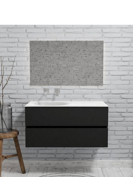 Mueble de baño 100 cm Vica negro mate con 2 cajones, lavabo de Solid surface seno izquierdo con 0 orificio(s) para el grifo. 3 Mueble de baño suspendido Vica 100 negro mate 2 cajones en acabado negro mate. Un mueble de baño de apertura suave por uñero con encimera para grifo empotrado y seno izquierda.