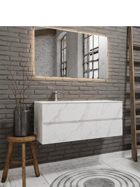 Mueble de baño suspendido Vica 120 carrara 2 cajones en acabado carrara mate. Un mueble de baño de apertura suave por uñero con encimera seno izquierda c/orif.