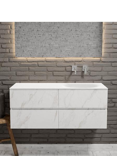 Mueble de baño Vica 120 cm carrara mat con 4 cajones, lavabo de Solid surface seno derecho con 0 orificio(s) para el grifo. 4 Mueble de baño suspendido Vica 120 carrara mate 4 cajones. Un mueble de baño de apertura suave por uñero con encimera para grifo empotrado y seno derecha.