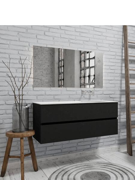 Mueble de baño suspendido Vica 120 negro 2 cajones en acabado negro mate. Un mueble de baño de seno derecho de apertura suave por uñero con encimera para grifo empotrado.