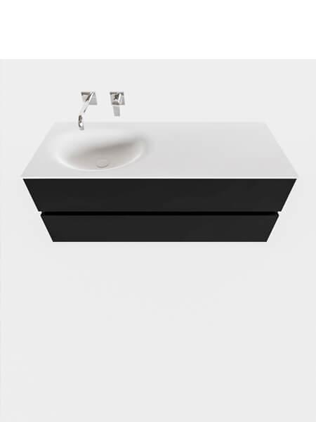 Mueble de baño suspendido Vica 120 negro 2 cajones en acabado negro mate. Un mueble de baño de seno izquierdo de apertura suave por uñero con encimera para grifo empotrado.