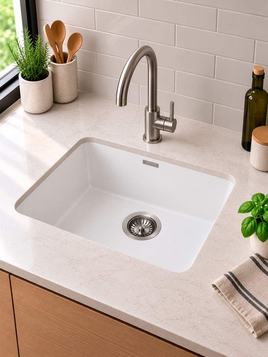 Fregadero Amsterdam 72 1C mate bajo o sobre encimera 780x460x220mm 9 Fregadero blanco bajo encimera de una cubeta con grifo de acero inoxidable