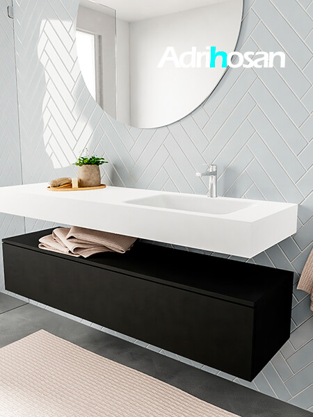 Mueble suspendido ALAN 150 cm de 1 cajón urban. Encimera con lavabo CLOUD derecha 1 orificio blanco mate 2 muebles de baño suspendidos de alta gama
