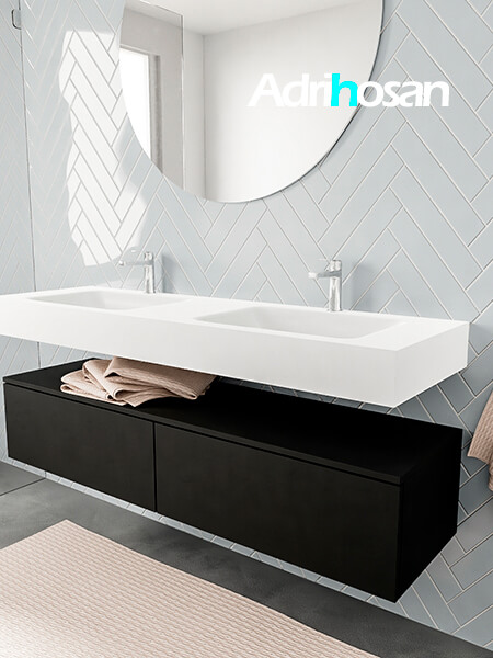 Mueble suspendido ALAN 150 cm de 2 cajones urban. Encimera con lavabo CLOUD doble 2 orificios blanco mate 2 muebles de baño suspendidos de alta gama