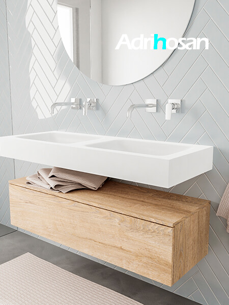 Mueble suspendido ALAN 120 cm de 1 cajón roble lavabo. Encimera con lavabo CLOUD doble sin orificio blanco mate 2 muebles de baño suspendidos de alta gama