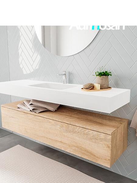 Mueble suspendido ALAN 150 cm de 1 cajón roble lavabo. Encimera con lavabo CLOUD centro 1 orificio blanco mate 2 muebles de baño suspendidos de alta gama