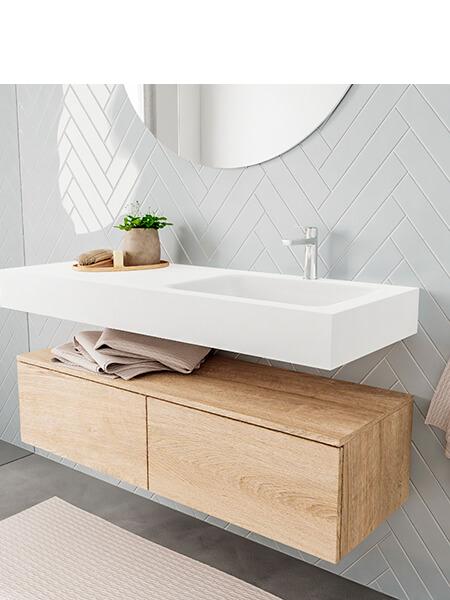Mueble suspendido ALAN 120 cm de 2 cajones roble lavabo. Encimera con lavabo CLOUD derecha 1 orificio blanco mate 2 mueble de baño suspendido envio gratuito
