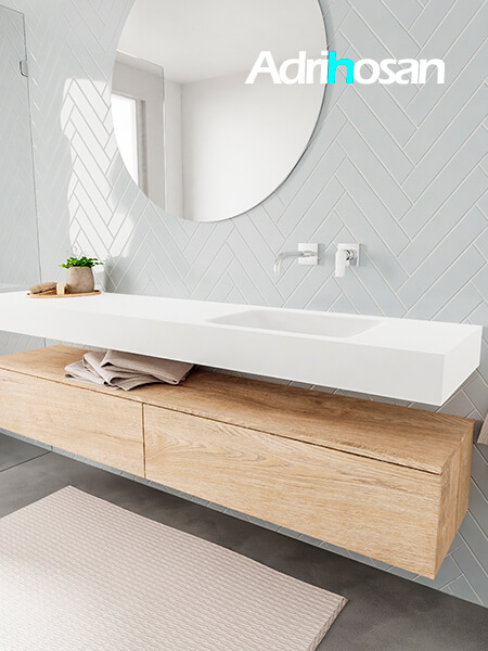 Mueble suspendido ALAN 200 cm de 2 cajones roble lavabo. Encimera con lavabo CLOUD derecha sin orificio blanco mate 2 mueble de baño suspendido envio gratuito