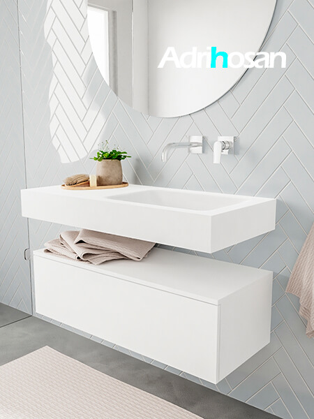 Mueble suspendido ALAN 100 cm de 1 cajón blanco mate. Encimera con lavabo CLOUD derecha sin orificio blanco mate 2 Mueble de baño suspendido moderno con encimera de solid surface