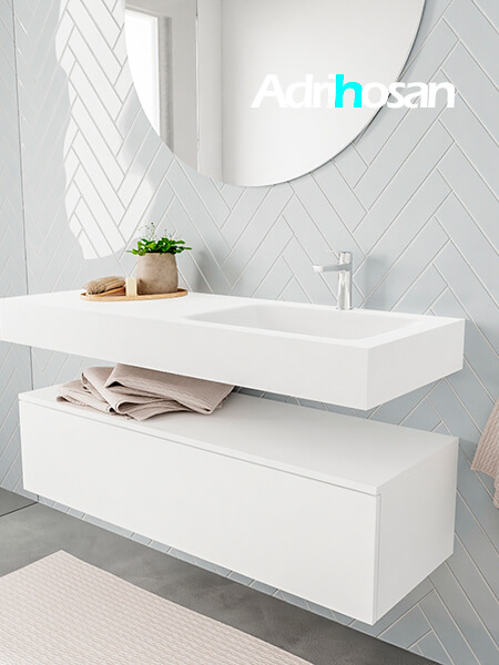 Mueble suspendido ALAN 120 cm de 1 cajón blanco mate. Encimera con lavabo CLOUD derecha 1 orificio blanco mate 2 Mueble de baño suspendido moderno con encimera de solid surface
