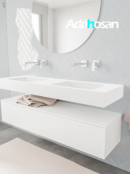 Mueble suspendido ALAN 150 cm de 1 cajón blanco mate. Encimera con lavabo CLOUD doble sin orificio blanco mate 2 Mueble de baño suspendido moderno con encimera de solid surface