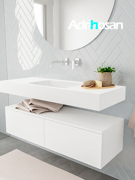 Mueble suspendido ALAN 120 cm de 2 cajones blanco mate. Encimera con lavabo CLOUD centro sin orificio blanco mate 2 Mueble de baño suspendido moderno con encimera de solid surface