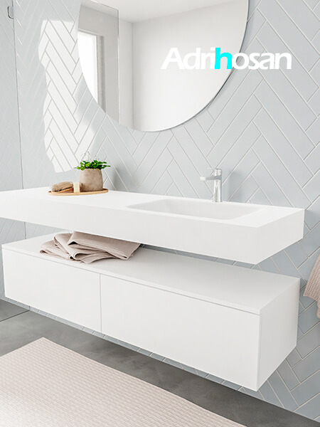 Mueble suspendido ALAN 150 cm de 2 cajones blanco mate. Encimera con lavabo CLOUD derecha 1 orificio blanco mate 2 Mueble de baño suspendido moderno con encimera de solid surface
