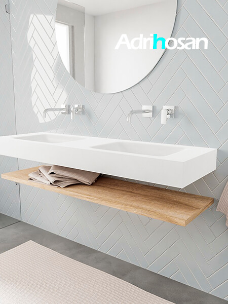 Mueble suspendido ALAN 150 cm de Sin cajones roble lavabo. Encimera con lavabo CLOUD doble sin orificio blanco mate 2 Mueble de baño suspendido Alan Adrihosan