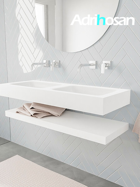 Mueble suspendido ALAN 120 cm de Sin cajones blanco mate. Encimera con lavabo CLOUD doble sin orificio blanco mate 2 Mueble de baño con lavabo solid surface
