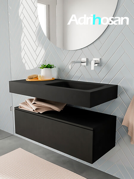 Mueble suspendido ALAN 100 cm de 1 cajón urban. Encimera con lavabo CLOUD derecha sin orificio urban 2 muebles de baño con lavabo de solid surface negro