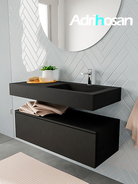 Mueble suspendido ALAN 100 cm de 1 cajón urban. Encimera con lavabo CLOUD derecha 1 orificio urban 2 muebles de baño con lavabo de solid surface negro