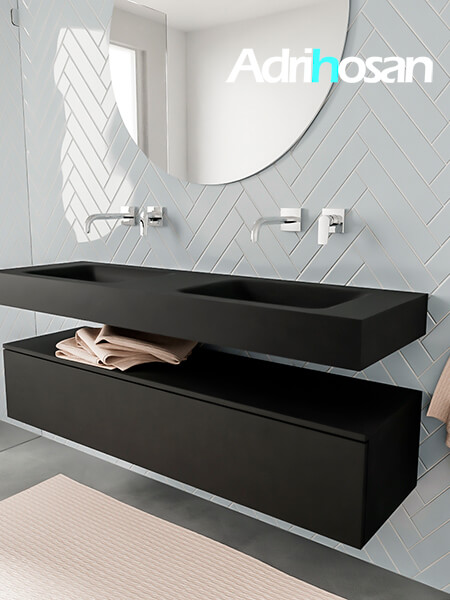 Mueble suspendido ALAN 150 cm de 1 cajón urban. Encimera con lavabo CLOUD doble sin orificio urban 2 Mueble de baño sin patas Alan negro encimera salid surface