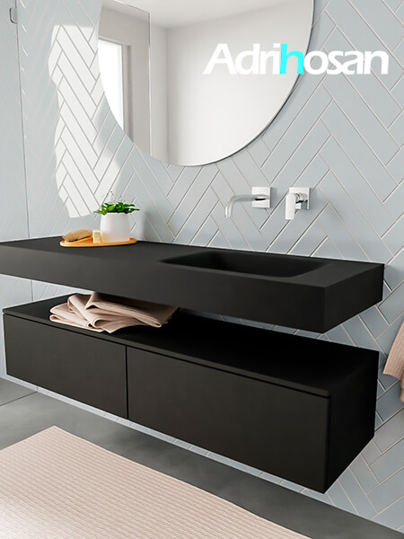 Mueble suspendido ALAN 150 cm de 2 cajones urban. Encimera con lavabo CLOUD derecha sin orificio urban 2 Mueble de baño sin patas Alan negro encimera salid surface