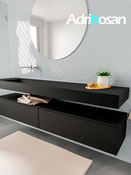 Mueble de baño sin patas Alan negro encimera salid surface blanca cajones negros