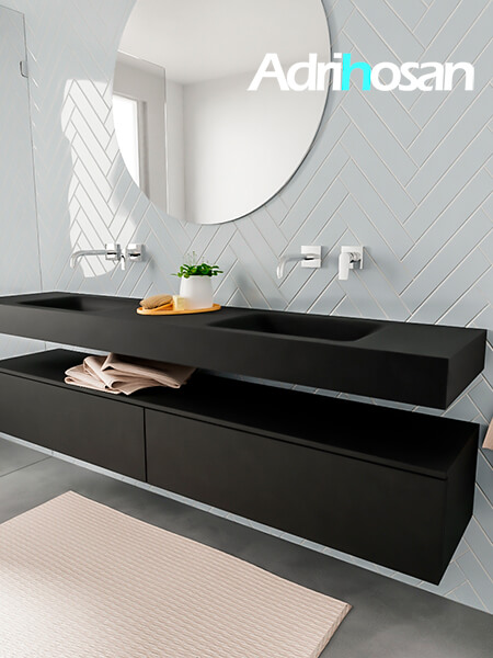 Mueble suspendido ALAN 200 cm de 2 cajones urban. Encimera con lavabo CLOUD doble sin orificio urban 2 Mueble de baño suspendido Alan negro