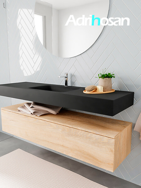 Mueble suspendido ALAN 150 cm de 1 cajón roble lavabo. Encimera con lavabo CLOUD centro 1 orificio urban 2 muebles de baño modernos con lavabo de Corian