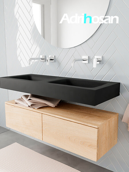 Mueble suspendido ALAN 120 cm de 2 cajones roble lavabo. Encimera con lavabo CLOUD doble sin orificio urban 2 muebles de baño modernos con lavabo de Corian