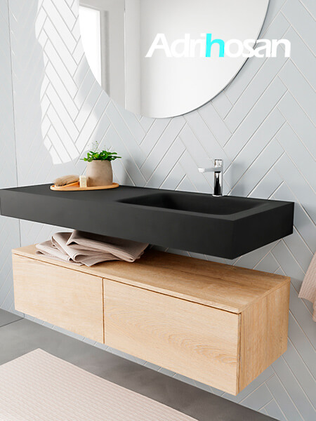 Mueble suspendido ALAN 120 cm de 2 cajones roble lavabo. Encimera con lavabo CLOUD derecha 1 orificio urban 2 muebles de baño modernos con lavabo de Corian