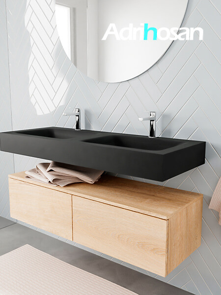 Mueble suspendido ALAN 120 cm de 2 cajones roble lavabo. Encimera con lavabo CLOUD doble 2 orificios urban 2 muebles de baño modernos con lavabo de Corian