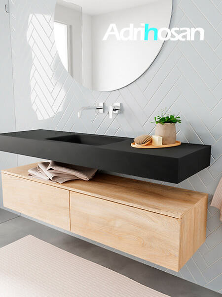Mueble suspendido ALAN 150 cm de 2 cajones roble lavabo. Encimera con lavabo CLOUD centro sin orificio urban 2 muebles de baño modernos con lavabo de Corian