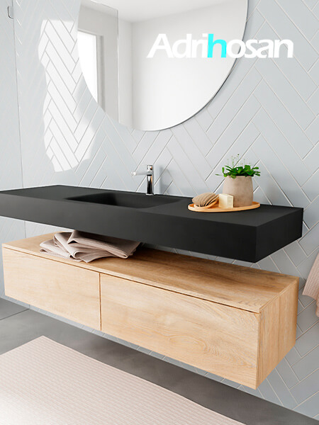 Mueble suspendido ALAN 150 cm de 2 cajones roble lavabo. Encimera con lavabo CLOUD centro 1 orificio urban 2 muebles de baño modernos con lavabo de Corian