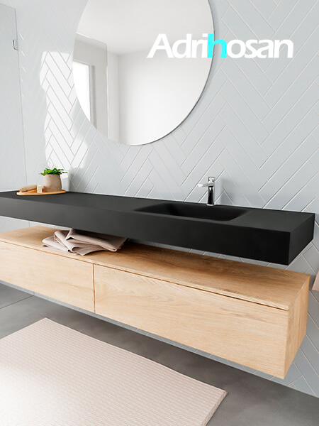 Mueble suspendido ALAN 200 cm de 2 cajones roble lavabo. Encimera con lavabo CLOUD derecha 1 orificio urban 2 muebles de baño modernos con lavabo de Corian