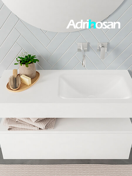 Mueble suspendido ALAN 100 cm de 1 cajón blanco mate. Encimera con lavabo CLOUD derecha sin orificio blanco mate 3 Mueble de baño suspendido moderno con encimera de solid surface