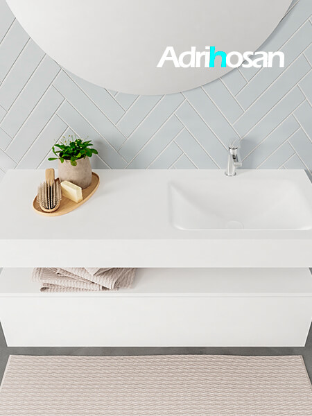 Mueble suspendido ALAN 120 cm de 1 cajón blanco mate. Encimera con lavabo CLOUD derecha 1 orificio blanco mate 3 Mueble de baño suspendido moderno con encimera de solid surface