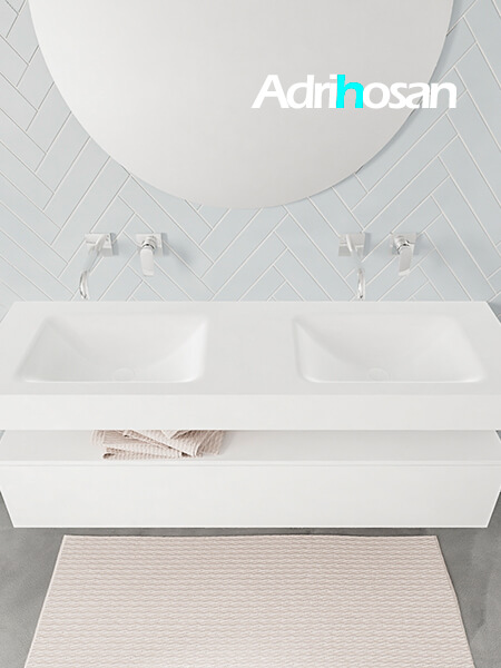Mueble suspendido ALAN 150 cm de 1 cajón blanco mate. Encimera con lavabo CLOUD doble sin orificio blanco mate 3 Mueble de baño suspendido moderno con encimera de solid surface