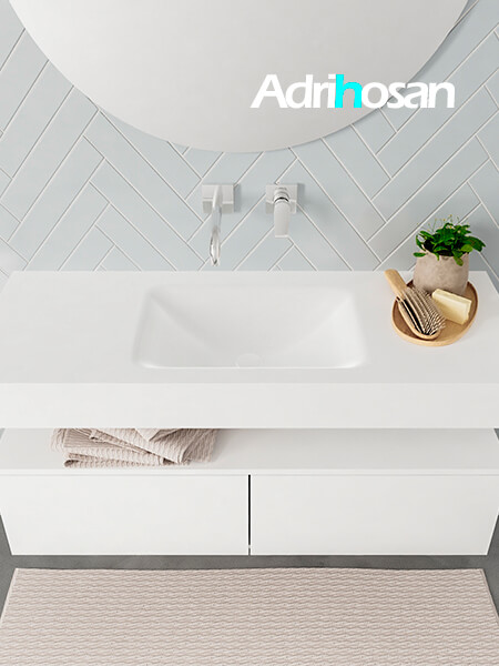 Mueble suspendido ALAN 120 cm de 2 cajones blanco mate. Encimera con lavabo CLOUD centro sin orificio blanco mate 3 Mueble de baño suspendido moderno con encimera de solid surface