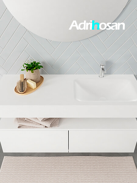 Mueble suspendido ALAN 120 cm de 2 cajones blanco mate. Encimera con lavabo CLOUD derecha 1 orificio blanco mate 3 Mueble de baño suspendido moderno con encimera de solid surface