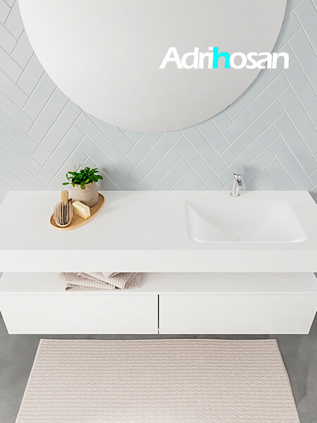 Mueble suspendido ALAN 150 cm de 2 cajones blanco mate. Encimera con lavabo CLOUD derecha 1 orificio blanco mate 3 Mueble de baño suspendido moderno con encimera de solid surface