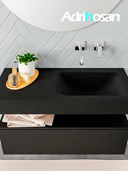 Mueble suspendido ALAN 100 cm de 1 cajón urban. Encimera con lavabo CLOUD derecha sin orificio urban 3 muebles de baño con lavabo de solid surface negro