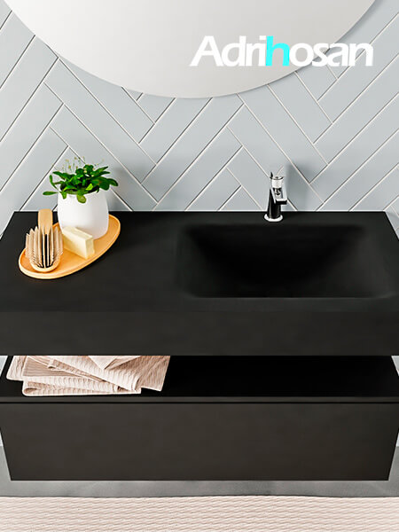 Mueble suspendido ALAN 100 cm de 1 cajón urban. Encimera con lavabo CLOUD derecha 1 orificio urban 3 muebles de baño con lavabo de solid surface negro